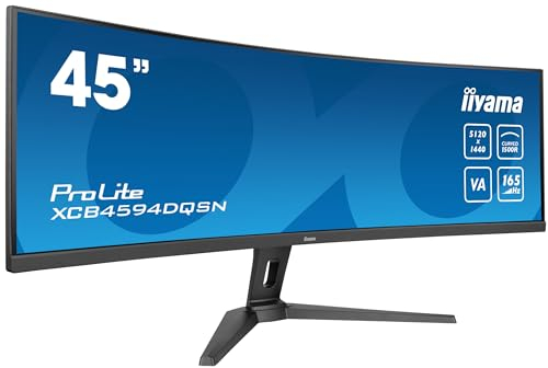 iiyama Prolite XCB4594DQSN-B1 Curved 113cm 45 VA LED-Monitor DQHD 165Hz HDMI DP USB3.2 USB-C Dock 90W RJ45 KVM-Switch HDR400 Höhenverstellung FreeSync schwarz