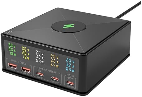Multi Usb Charger, 160W GaN USB C Desktop Charger with LED Display, 6-in-1 Wireless Charger PD 65W QC3.0 Fast Charging Station Power Adapter Safe Charging