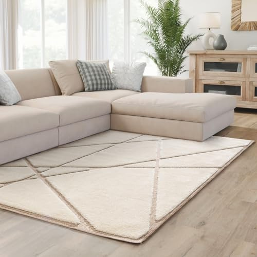 Interiyou Teppich Wohnzimmer Verona - 200x300 cm Creme/Beige - Für Schlafzimmer, Esszimmer, Kinderzimmer - Hochflor mit 3D-Effekt - geometrische Muster - Pflegeleicht