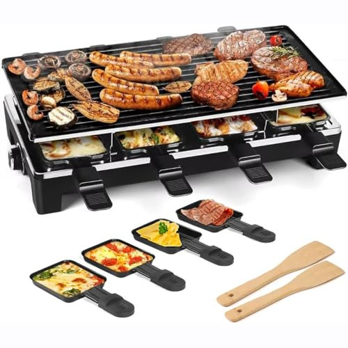 GHRERTX Electric Raclette Table Grill, 2-in-1 Non-Stick Grill Plate, 1500W Fast Heating, 8 Cheese Melt Pans, Modern Style, Black, For Parties and Family Fun