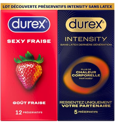 Durex Pack Découverte Intensity - 5 Préservatifs Homme Sans Latex Ultra Fins Ultra Lubrifiés et 12 préservatifs Sexy Fraise Goût Fraise
