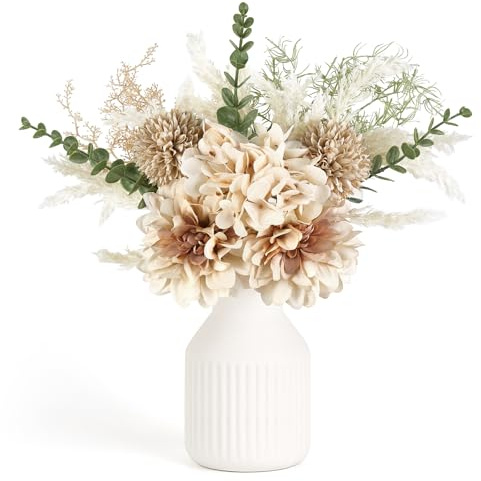 Mkono Fake Flowers in Ceramic Vase, 14 Coffee Table Centerpieces, Brown | Table Decor with vase, Small Silk Faux Artificial Flower Arrangements, Fits Bathroom Dining Room Kitchen Home Indoor Decor