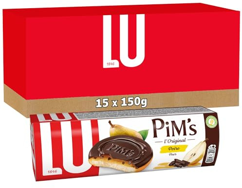 Lu Pim's - Génoise Moelleuse Poire Nappée Chocolat Noir - 15x150g | 15 Boîtes de 150g | Génoise moelleuse à la confiture de poire nappée de chocolat noir craquant | Idéal pour le goûter