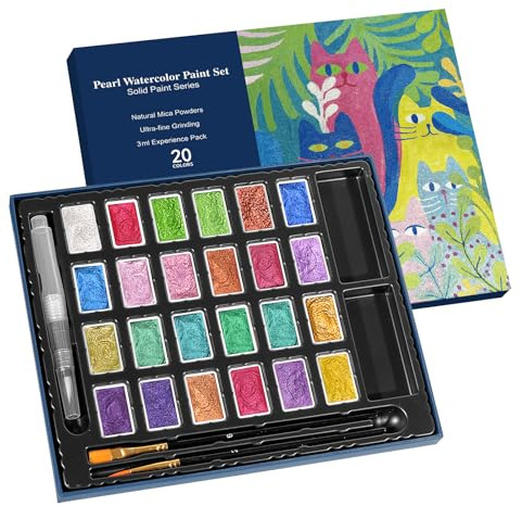 CraftyManor 3ml Glitter Watercolor Paint Set with Paper, 24 Colors Shimmer Metallic Watercolour Painting Sets, Solid Pearl Water Color Paints for Adult, Matisse Style