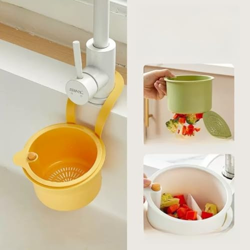 Kitchen Sink Strainer Basket, Faucet Hanging Strainer, Multi-Functional Food Colander,Press Automatic Dumping Kitchen Draining Basket, Easy Drain Filter with Bottom Release (Yellow)
