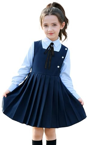 LOLANTA Plisserad overall för skoluniform, fyrkantig hals, ärmlös, med dekorativa knappar, veckfri, 5–12 år, Marinblå beu, 11-12 �r