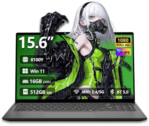 PC Portatile 15,6 pollici con Core i3-8100Y CPU, Notebook Win 11 16GB RAM 512GB SSD, Laptop Schermo IPS FHD 1920*1080, Computer Portatile Type-C/Mini-HDMI/USB3.0/TF Card Slot/WIFI5/BT5/Webcam