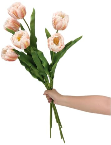 BQEE Rococo Parrot Tulip Artificial Flowers, 3 Pcs Real Touch Faux Tulips 23.6” (60cm) Long, PU Handcrafted Fake Tulip Stems for Home Wedding Decor (Champagne)