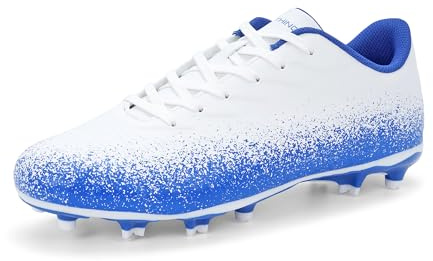 FEETHING Unisex Adults Football Boots for Men Women - Multi Ground Anti Slip Soccer Cleats with Lightweight Cushioning(10UK, White/Blue)