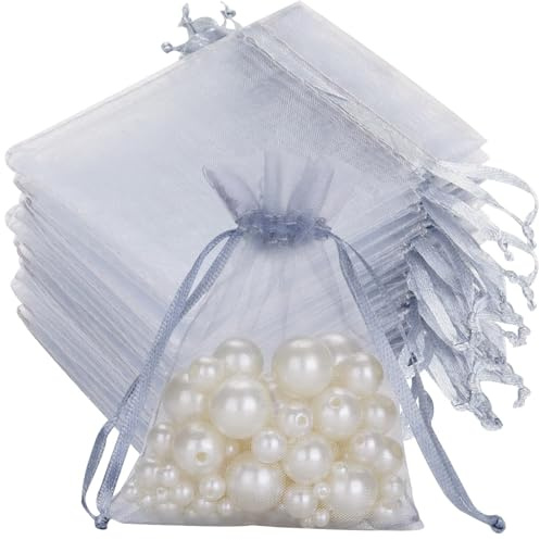 60 bolsitas organza blanco plateado - Bolsitas regalo organza pequeñas 7 x 9 cm con cordón para usar como bolsitas para caramelos boda, bolsitas para joyas o bolsitas para regalos