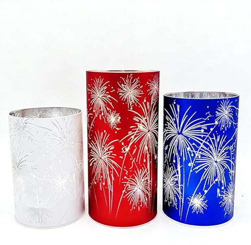 Set di 3 portacandele a forma di uragano, piedistalli in vetro con effetto fuochi d'artificio incisi, luci a LED bianco caldo, per caminetto, tavolo da pranzo e ingresso (S+M+L)