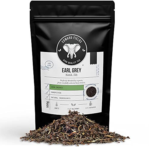 Edward Fields Tea ® - Thé noir Earl Grey biologique en vrac. Thé bio cueilli à la main avec des ingrédients et des arômes naturels et biologiques, 100g, Inde.