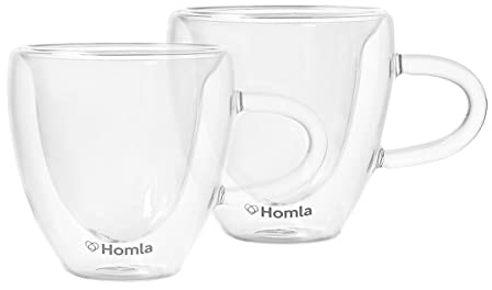 HOMLA Cembra Lot de 2 verres à double paroi de 150 ml - Verres à cappuccino - Tasses à café - Verres à thé - Verres à café avec anse - Double paroi - Transparent