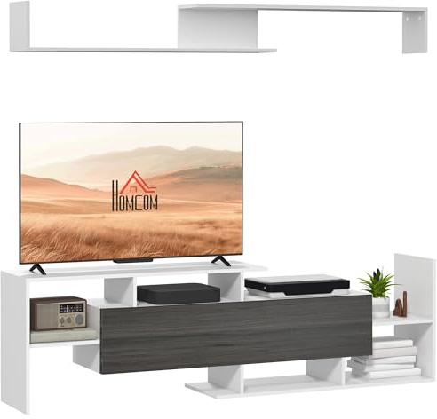 HOMCOM Modern TV Cabinet with Wall Shelf, TV Unit with Storage Shelf and Cabinet, for Wall-Mounted 65 TVs or Standing 40 TVs, White and Grey