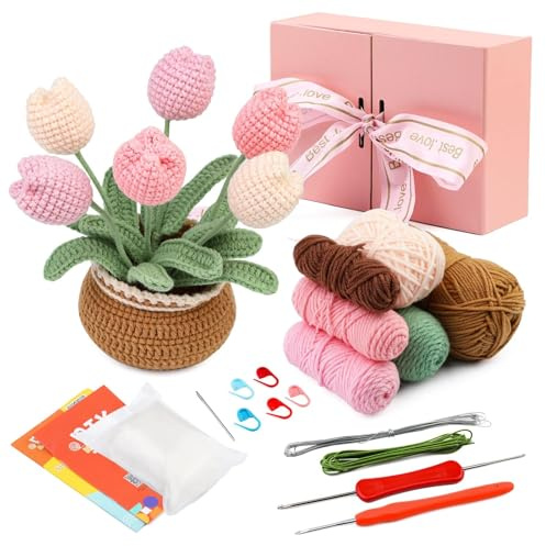 ENCHOL Beginners Crochet Kit, Crochet Kits for Beginners Adult, Crochet Potted Flowers, Mother's Day Tulip Potted DIY Crochet Kits with Step-by-Step Video Tutorials