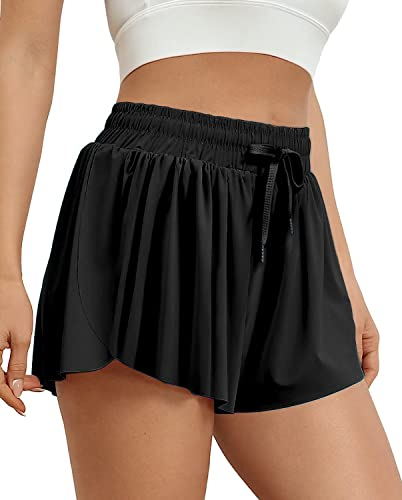 VIGVAN Damen Sommer Sport Shorts 2 in 1 Flowy Running Yoga Biker Schnelltrocknende Gym Fitness Shorts (Schwarz, L)