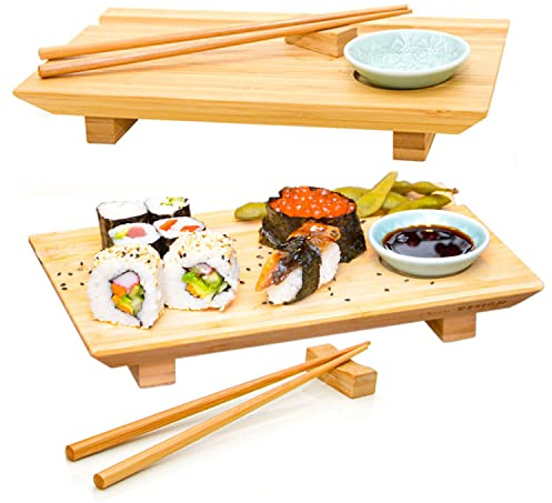 DuneDesign Sushi Geschirr Set 2 Personen - 27x16x4 Bambus Serviertablett - Sushiset mit Stäbchen und Dipschalen - Holzbrett mit Schalen - Servierbrett Teller aus Holz - Servierplatte Geschenkset