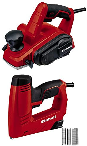 Einhell Tc-Pl 750 Pialletto Elettrico (Tensione 220-240 V, Potenza 750 W, Giri Min. 17000, Largh. Pialla 82 Mm, Profondità Asportazione 2 Mm, Rosso & TC-EN 20 E Graffettatrice elettrica