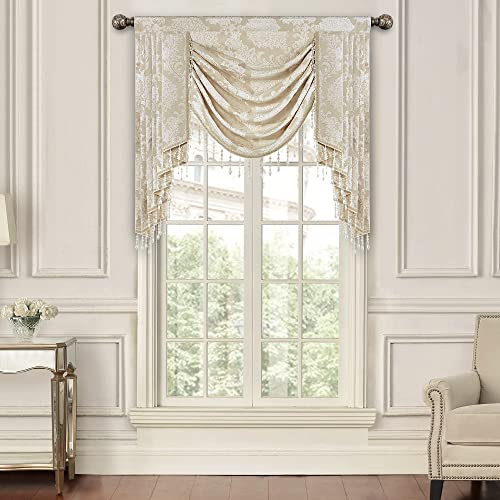 TOPLUXE Swag Valance for Windows, Damask Waterfall Valance with Tassels, Short Curtain for Bedroom Living Room Kitchen, Rod Pocket (Width 100cm, Light Khaki)