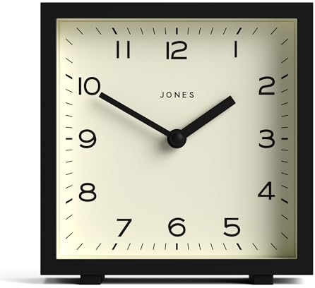 JONES CLOCKS® Disco schreibtischuhr | Schlankes quadratisches Design | Schwarz | Stilvoll und leicht lesbar für Regal, Tisch, kaminsims oder nachttisch