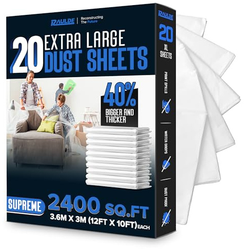 12x10FT 20 Pack Extra Large Plastic Dust Sheets for Decorating - 3.6M x 3M- Plastic Dust Sheets for Painting - Clear Plastic Sheet for Furniture & Floor - Polythene Sheeting - Decorating Sheet -RAULDE