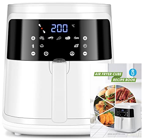 Aigostar White Cube - Air Fryer 7L 1900W, Friteuse sans huile 5 en 1, 7 fonctions prédéfinies avec écran LED, Panier antiadhésif amovible, Maintien de la chaleur, 20 recettes sans BPA