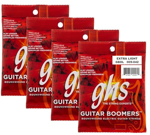 GHS Boomers Electric Guitar Strings – Nickel-Plated Steel – Bright, Balanced, Long-Lasting Tone – Smooth Feel & Stable Tuning – USA Made – Extra Light Gauge 09-42 (GBXL Set) - 4 PACK
