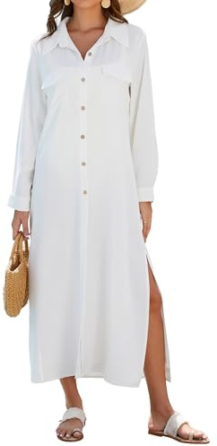 Bsubseach Pareos para traje de baño para mujer, camisa de manga larga, vestido de playa, vacaciones, ropa de verano, ropa de resort, Blanco, XXL