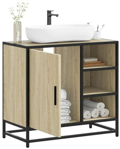 QJBSAVVA Mobile Lavabo da Bagno in Truciolato e Metallo, Mobiletto Bagno Salvaspazio Stretto 65x33x60 cm con Piano Appoggio, Design Retrò Elegante Rovere Sonoma per Sottolavabo