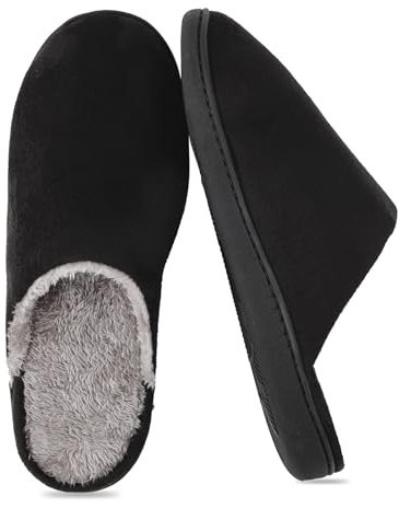 riemot Mens Memory Foam Fluffy Comfort Slippers, Winter Warm Indoor/Outdoor Shoes, Fur Collar Fleece Lined, Ultralight Soft Bedroom Slippers, Black UK8 / EU42