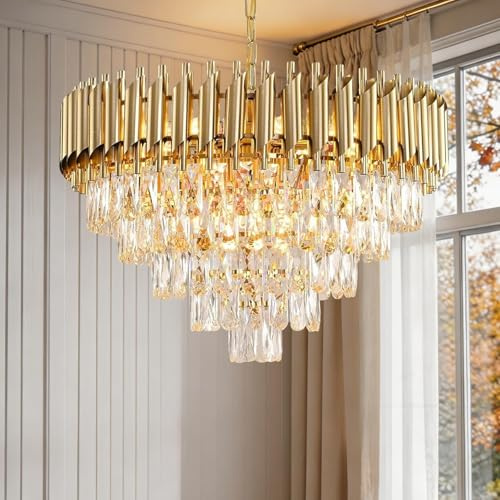 MSSIAN Gold 5-Tier Raindrop K9 Modern Crystal Chandelier, 12-E14 Socket Pendant Ceiling Fixture, Luxury Hanging Lighting for Dining Living Room Bedroom Entryway W60CM