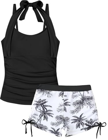 Girls Swimming Costume Padded Bras 7-15 Years, Two Piece Drawstring Halterneck Girls Tankini Swimsuit with Boy Shorts Kids Bathing Suit, Black Trees 11-12 Years
