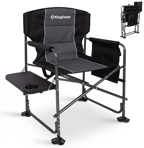 KingCamp Chaise de Directeur Pliante Camping, Jusqu'à 200 kg | Chaise de Camping Pliable, Tablette Latérale, Poche de Rangement et Accoudoirs Rembourrés, Chaises de Pêche pour BBQ Plage