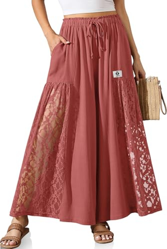 TARSE Women Linen Wide Leg Pants Lace Patchwork Boho Loose Elastic Waist Palazzo Pants Summer Casual Beach Trousers with Pockets(RustRed, XXL)