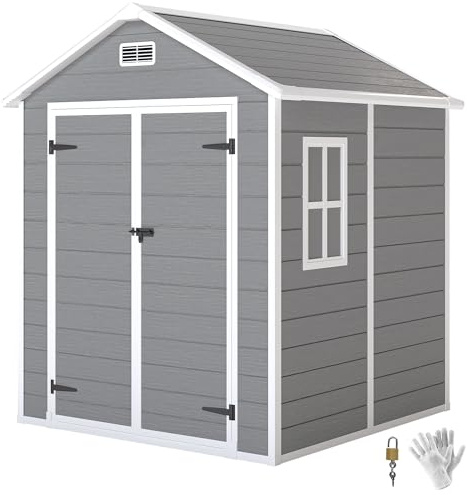 Outsunny Abri de Jardin en résine 2,7 m² avec Plancher Structure en Aluminium 182 x 151 x 219 cm, cabane de Jardin cabanon Rangement Outils Portes avec Serrure et clés 3 fenêtre, Gris