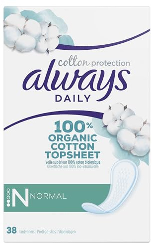 Always Dailies Cotton Protection, Normal, 38 Protège-Slips pour Femme, Idéaux pour Pertes Blanches, Voile Supérieur 100% Coton Biologique, Sans Colorant et Sans Parfum
