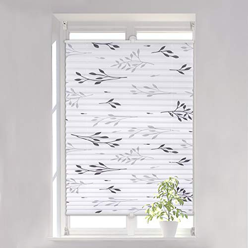 WOLTU Plissee Faltrollo Klemmfix ohne Bohren 100x130 cm Grau, Plisseerollo Easyfix mit Klemmträger, Fensterrollo mit Zweigmotiv Blickdicht Sichtschutz Sonnenschutz, Jalousie Rollo für Tür & Fenster