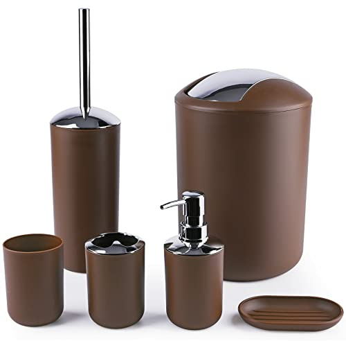 Compact 6-Piece Plastic Bathroom Accessories Set with Small Trash Can, Soap Dispenser, Toothbrush Holder, Cup, Soap Dish, Toilet Brush for Guest Bathroom Dorm Apartment (Coffee)