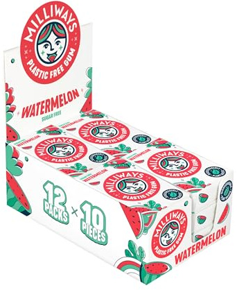 Milliways Watermelon Chewing Gum, Plastic Free, Sugar Free, Aspartame Free, Natural | 12 Packs of 10 Pieces (120 Pieces Total) | Xylitol, Plant-Based, Biodegradable