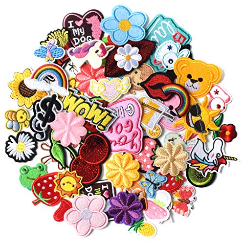 AXEN 60PCS Embroidered Iron on Patches DIY Accessories, Random Assorted Decorative Patches, Cute Sewing Applique for Jackets, Hats, Backpacks, Jeans, 60 Pieces Package
