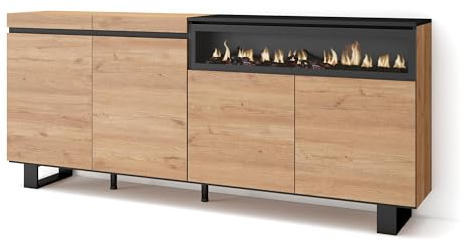 Skraut Home | Aparadores para salón | Gran Capacidad de almacenaje | 200x87x35cm | 4 Puertas | Chimenea eléctrica | Diseño Industrial | Estilo Moderno | Roble y Negro