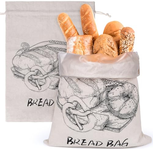 Musiwanna Brotbeutel Leinen mit TPU Innenfutter, 2 Stück 43 * 33cm, Brot Frischhaltebeutel mit Innenfolie für Brot Aufbewahrung, Brotsack zum Frischhalten Leinen, Bread Bag für Selbstgemachtes Brot