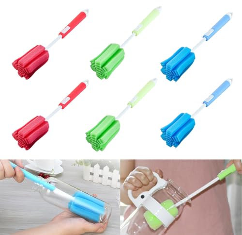 6 Pcs Long Bottle Brushes with Retractable Handle - Cleaning Brushes for Cups, Kettles, Thermos Bottles (3 Colors)