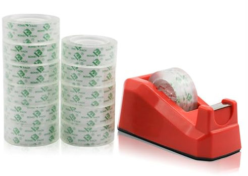 BOMEI PACK 12 rotoli di nastro trasparente chiaro per cancelleria con 1 confezione di dispenser di nastro da scrivania rosso, 41mic x 18mm x 25m, avvolgimento di regali (Rosso)