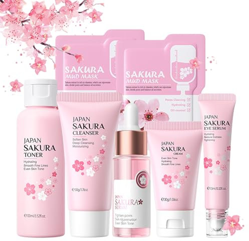 Japan Sakura Hautpflege Set für Teenager-Mädchen, Feuchtigkeit Skincare Set, Anti-aging Gesichtspflege Set, Beauty Skin Care Set Frauen - Reinigung Toner Serum Creme Augenserum Tonmaske (7pcs)