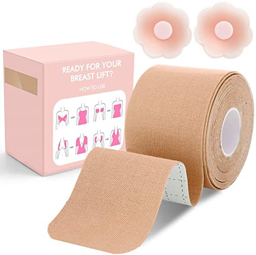 Boob Tape, Boob Tape with 2 Nipple Covers,Sticky Body Tape for Push up ,Breast Lift Tape for Large Breasts A-G Cup, Booby Tape Invisible Bra Chest Supports Tape | Breast Lift |Exercise| Sports