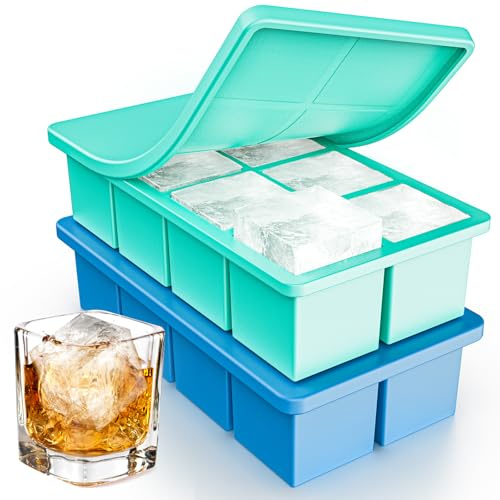 Large Ice Cube Tray 2 Pack, Lxndaser 2 Inch Silicone Ice Cube Molds for Whisky, Cocktail, Big Square Silicone Ice Trays With Lid, Leak-Proof Stackable Design for Freezer, Iced Coffee, Bourbon Drinks