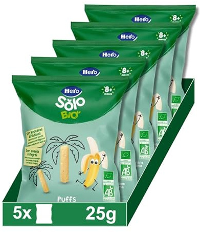 Hero Solo Bio Snacks Puffs Maíz Avena y Plátano Desde 8 Meses, 5 x 25 g