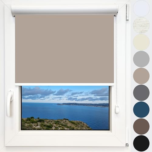 Kassettenrollo Thermorollo Verdunkelungsrollo Seitenzugrollo Rollo nach Maß Breite 35-170 cm Höhe bis 190 cm zum Anschrauben und Kleben für Türen und Fenster Thermo Blackout Silber Farbe Beige