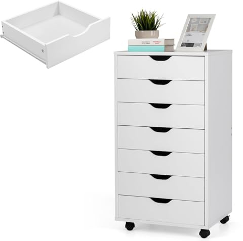 KOMFOTTEU Rollcontainer mit Schubladen, mobiler Aktenschrank Schubladenschrank mit Räder, Bürowagen Druckerständer weiß, Büroschrank für Akten, Dokumente (Weiß, 7 Schubladen)